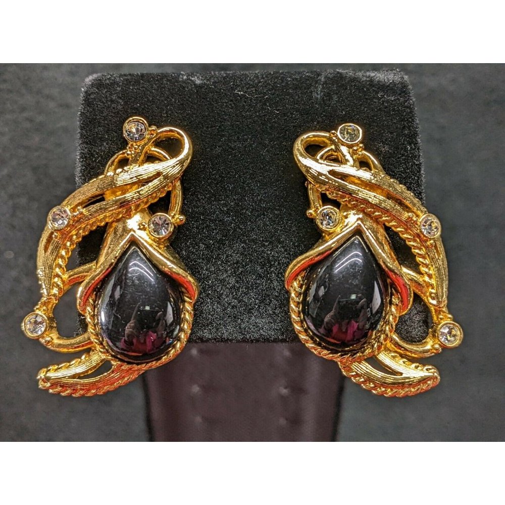 Vintage Black Enamel Clear Rhinestones Gold Tone BARRERA FOR AVON earrings